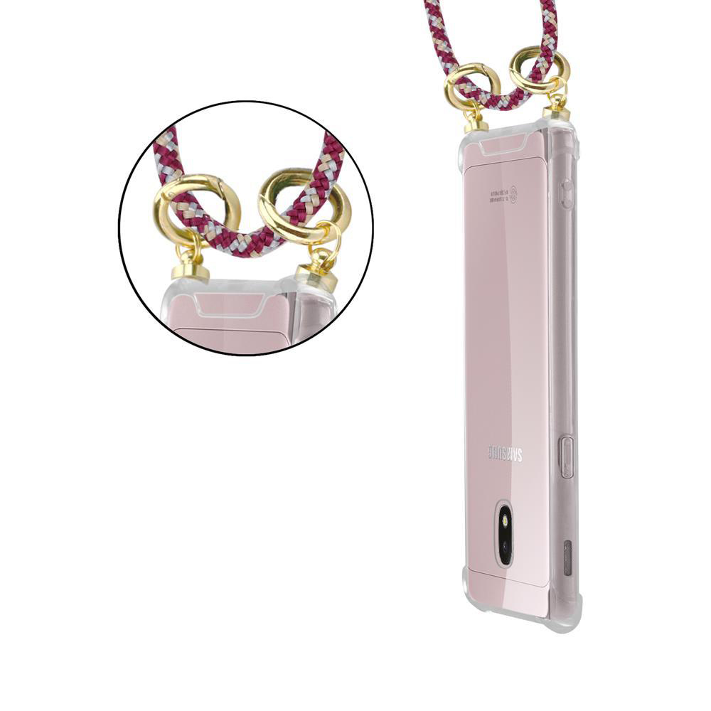 Un telefono flip rosa in custodia trasparente con cordino.