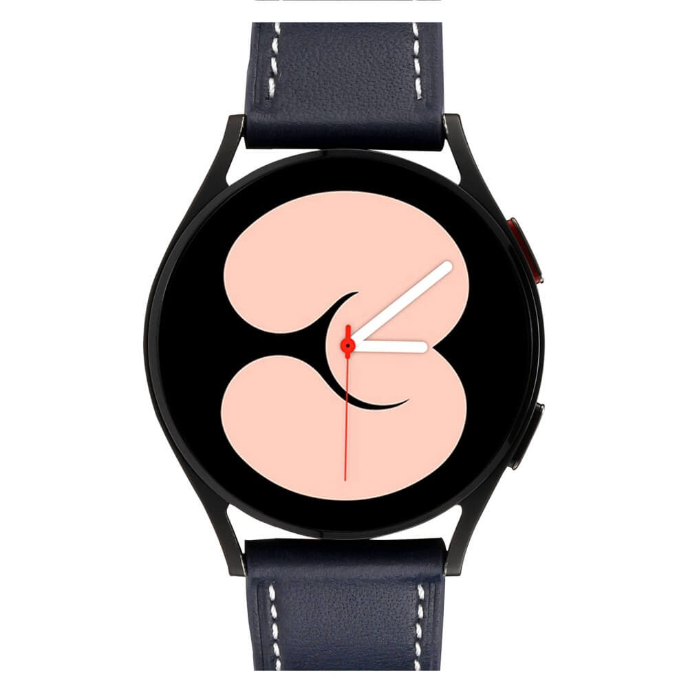Une montre connectée noire avec bracelet en cuir bleu et cadran rose.