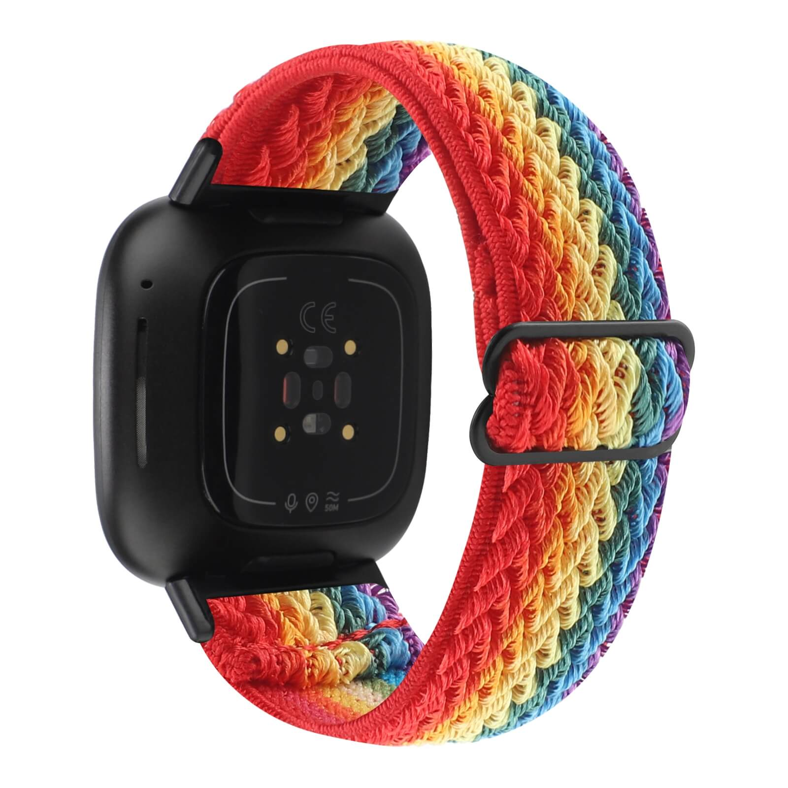 Montre connectée noire avec bracelet arc-en-ciel coloré sur fond blanc.