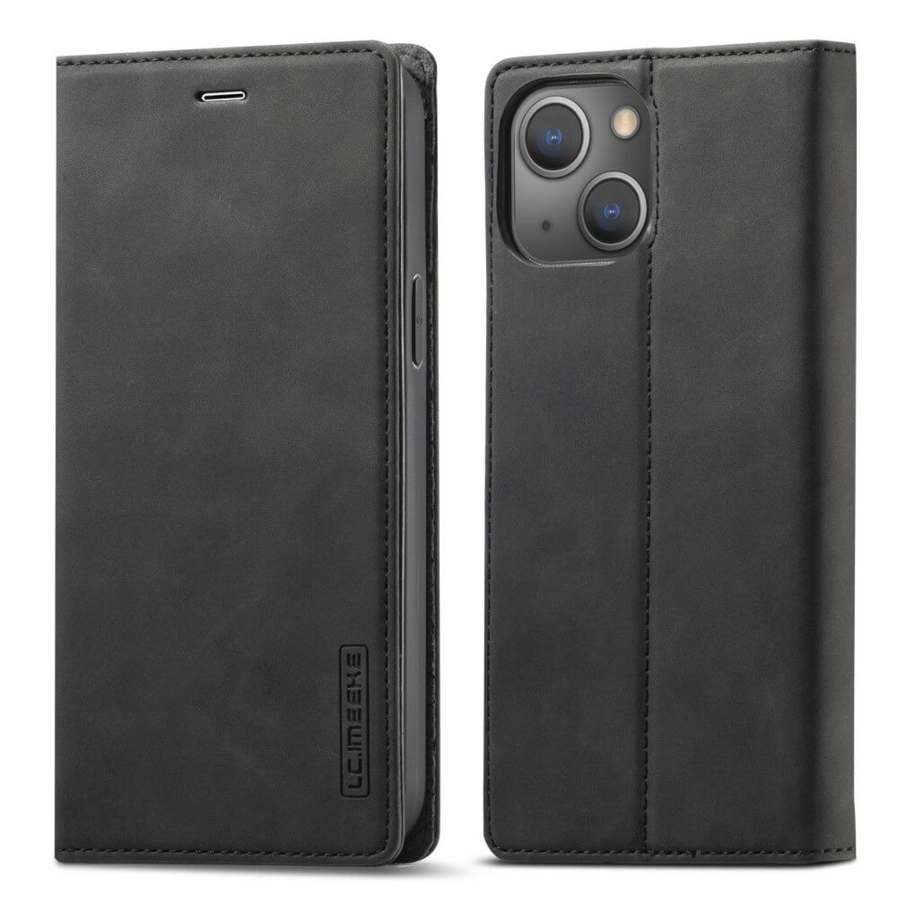 Una custodia a libro in pelle nera per smartphone, in piedi.