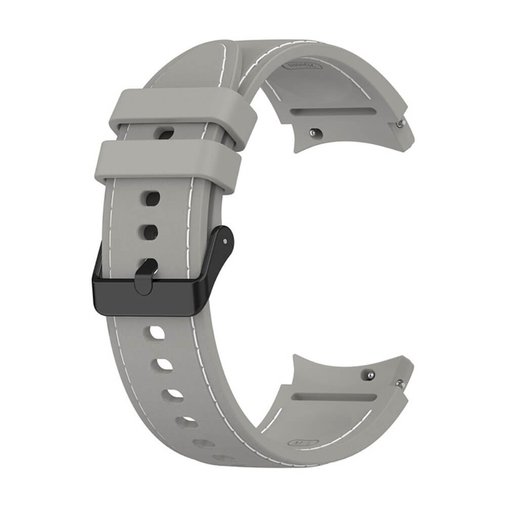 Bracelet de montre gris avec boucle noire et surpiqûres blanches.