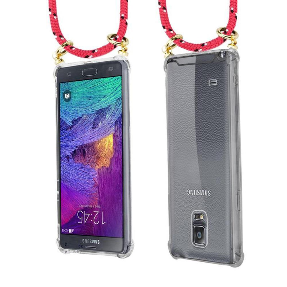 Uno smartphone in custodia trasparente con laccetto rosso appeso.