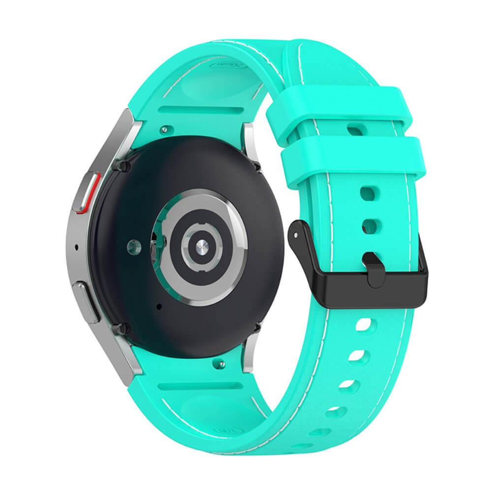 Une montre connectée turquoise avec fermoir à boucle noir et base métallique.