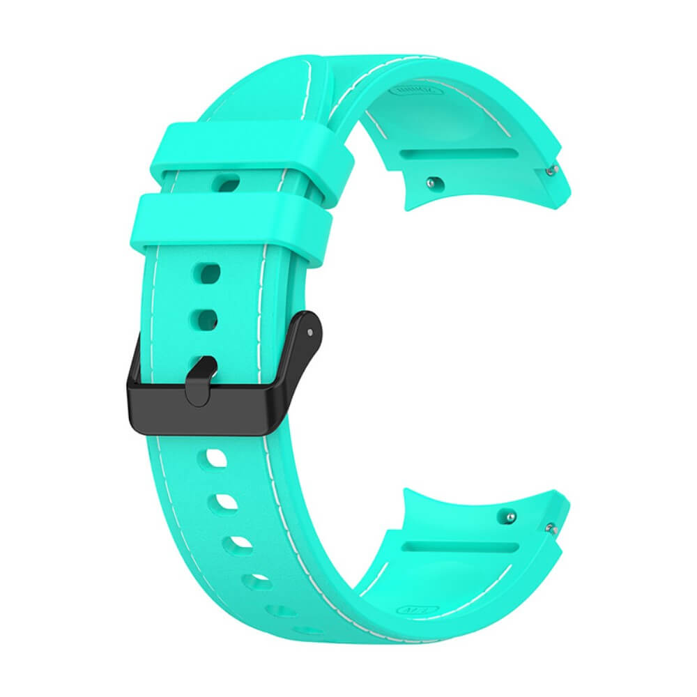 Bracelet de montre turquoise avec surpiqûres blanches et boucle noire.