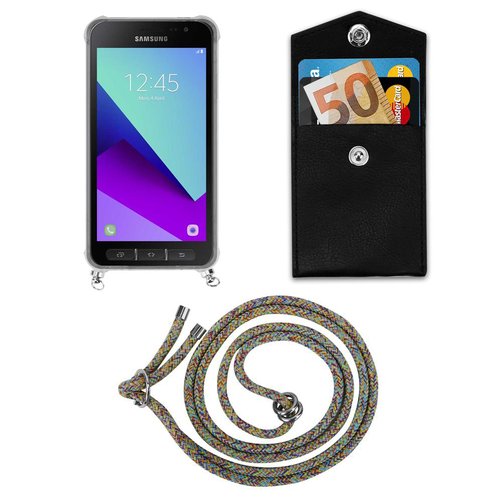 Smartphone Samsung con banconota da 50 euro e carta di credito in una custodia nera.