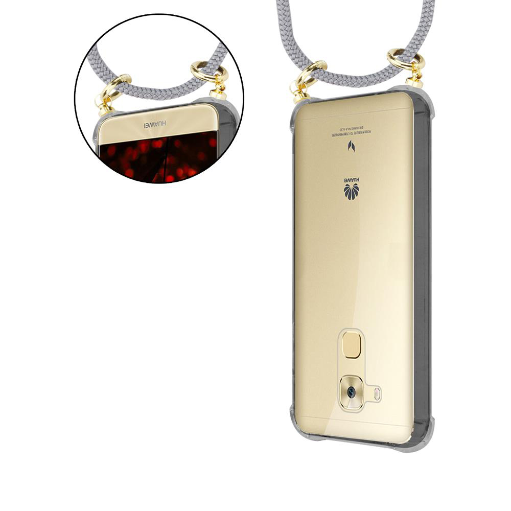 Smartphone Huawei dorato con laccetto e cover grigia.