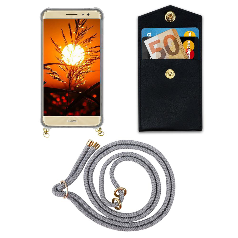 Smartphone con sfondo solare, portafoglio nero con soldi e carta, cordino grigio.