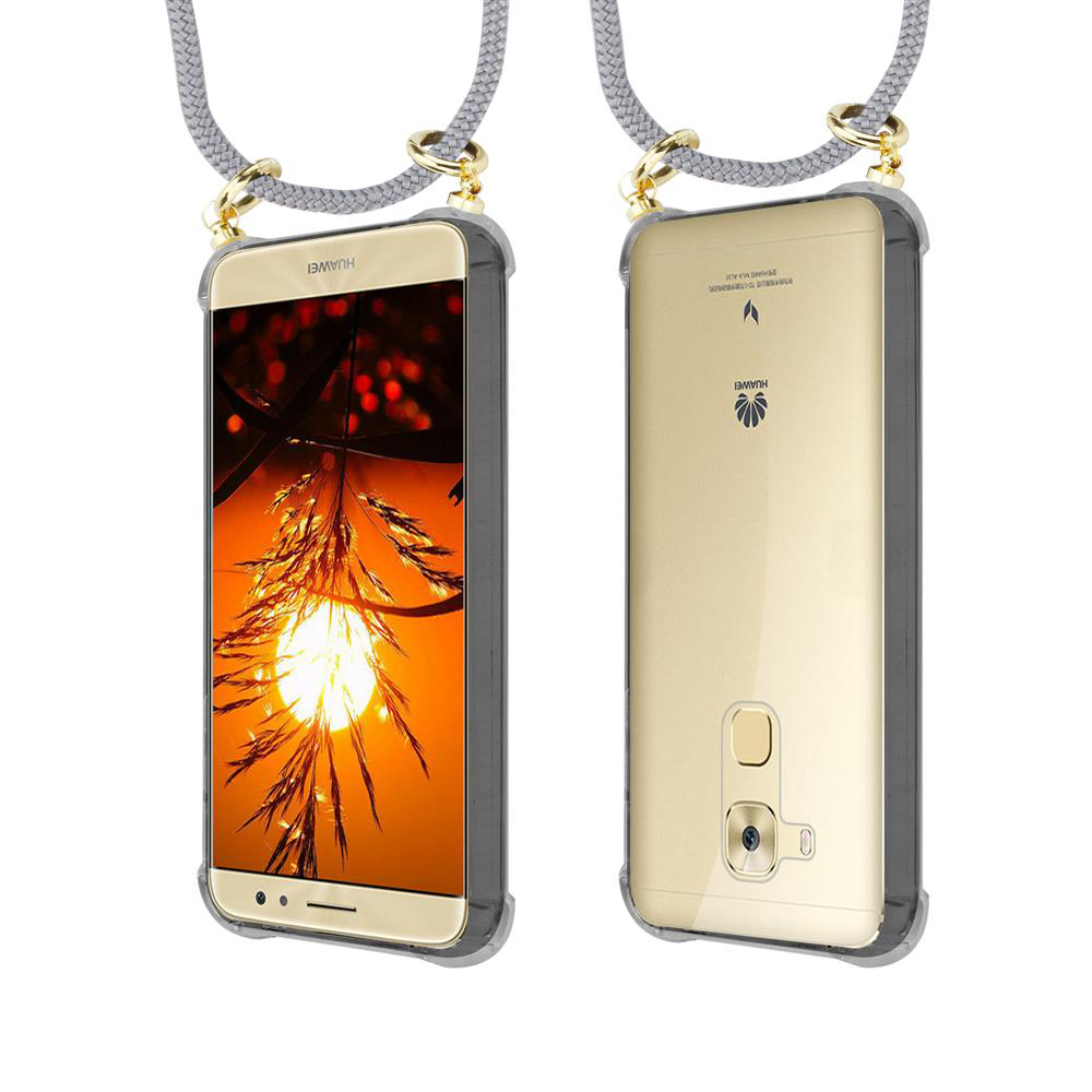Un telefono Huawei dorato in una custodia con cinturino. Vista frontale e posteriore.