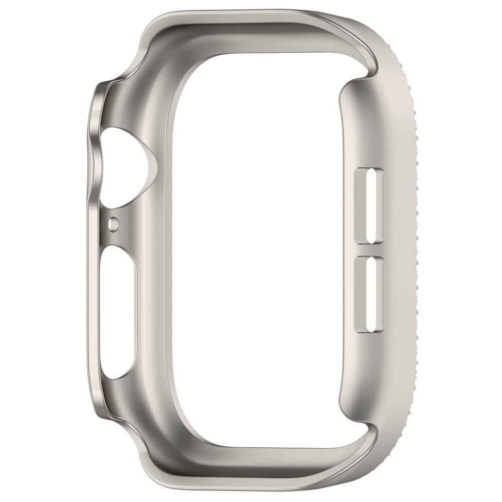 Coque de protection argentée pour smartwatch avec découpes pour boutons.