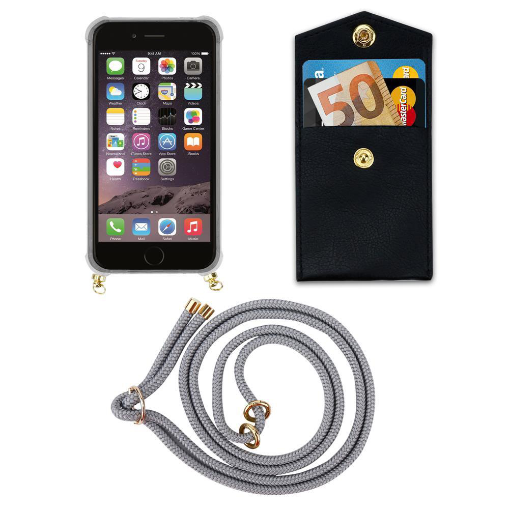Uno smartphone in custodia, un portafoglio nero con carte e contanti e un laccetto grigio.