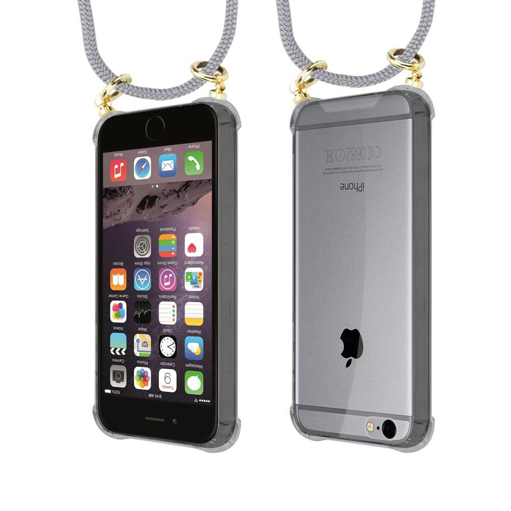 Un iPhone argento in una custodia trasparente con un cordino grigio.