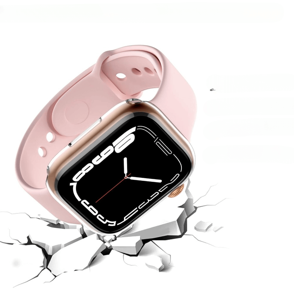 Ein rosa Armband und eine goldene Smartwatch mit schwarzem Zifferblatt brechen durch weiße Oberflächesplitter.