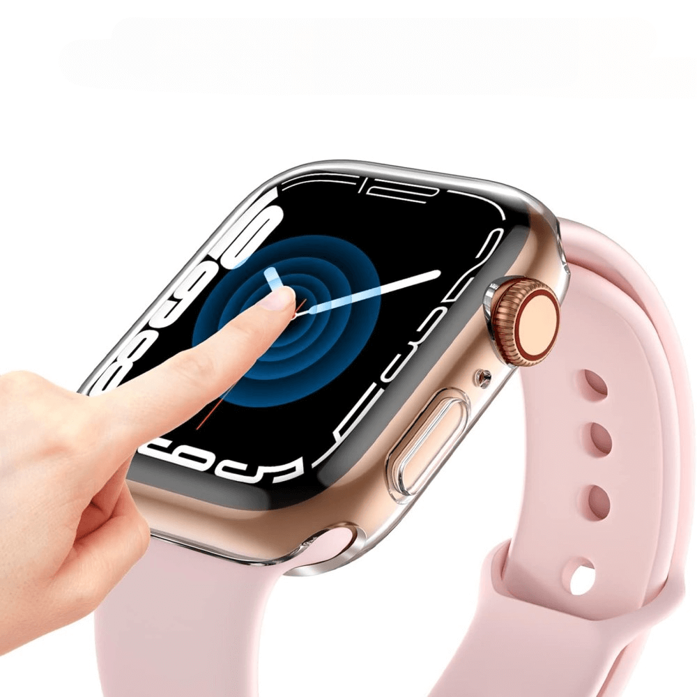 Eine Hand berührt den Bildschirm einer rosa Smartwatch mit durchsichtigem Gehäuse.
