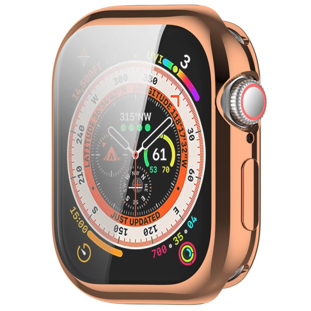 Eine roségoldene Smartwatch zeigt eine Kompass- und Höhenanzeige an.