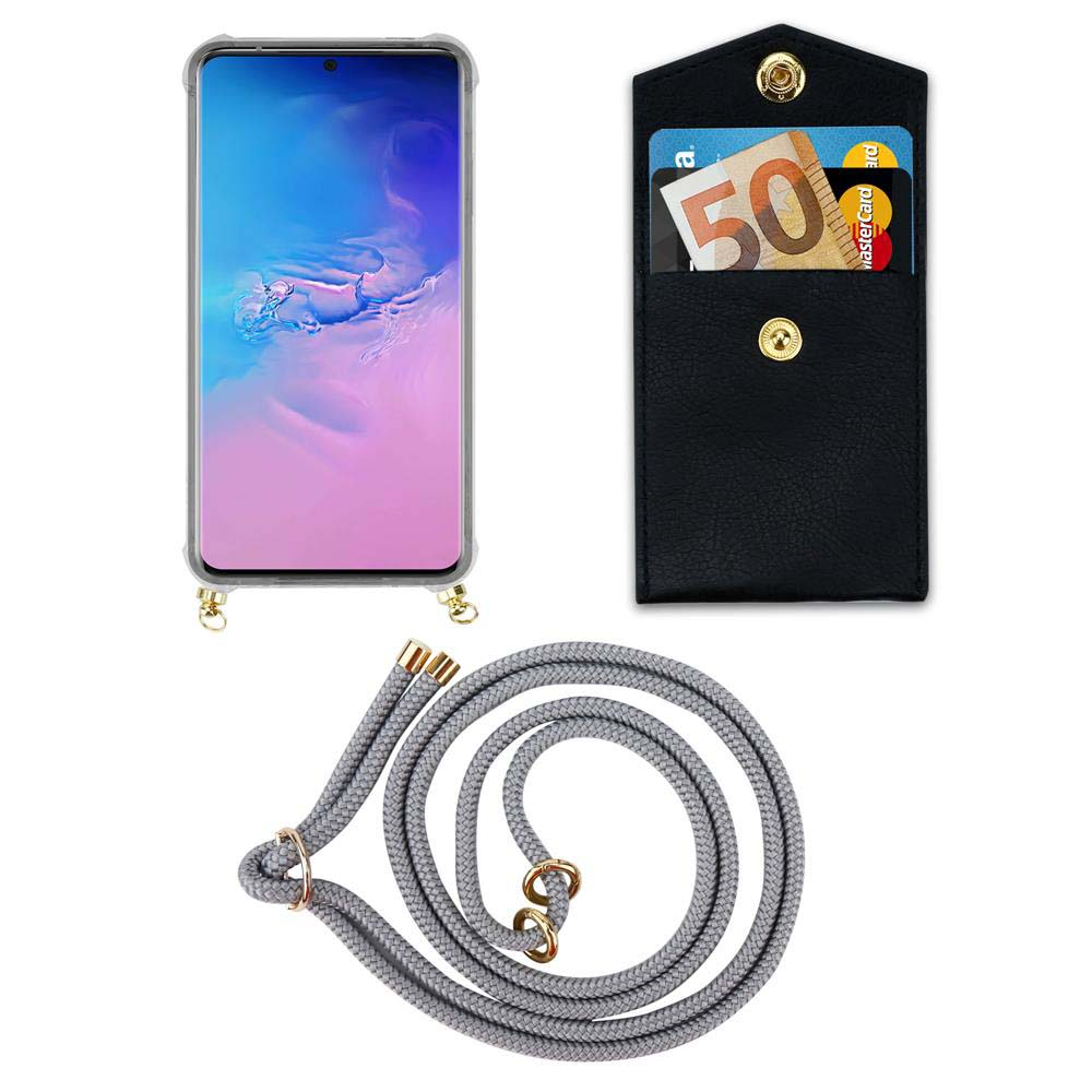 Smartphone in custodia, portafoglio con carte e banconota, e corda.