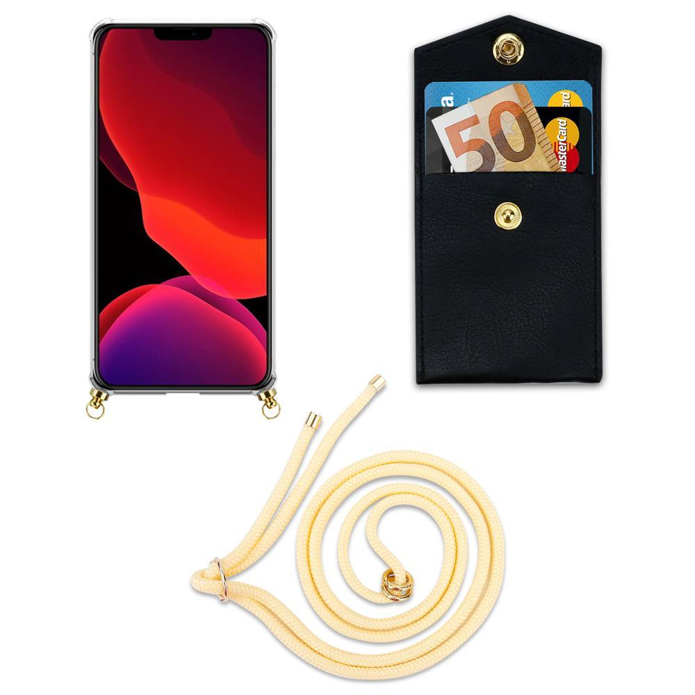 Uno smartphone in custodia, un portafoglio nero con carte e contanti, e un cordino.