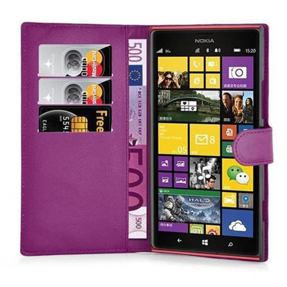 Custodia a portafoglio viola con porta carte e uno smartphone Nokia con interfaccia a riquadri.