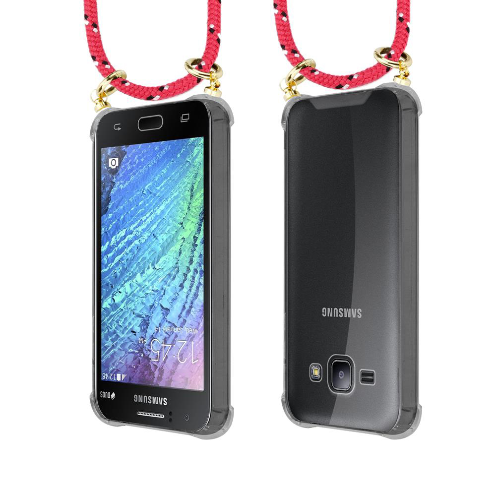 Due smartphone Samsung con cordini, uno mostra lo schermo, uno il retro.