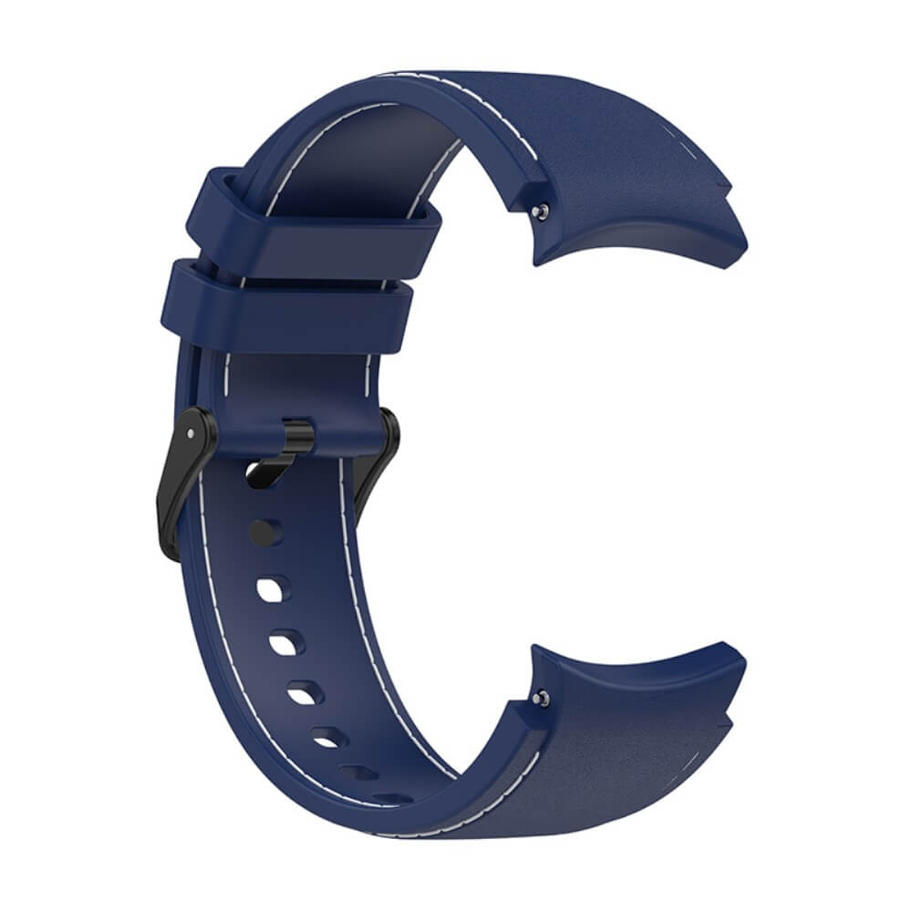 Bracelet de montre bleu foncé avec surpiqûres blanches et boucle noire.