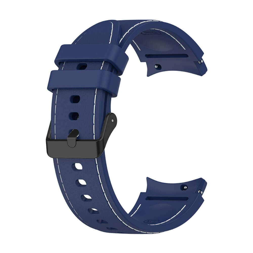 Bracelet de montre en caoutchouc bleu foncé avec boucle noire et coutures blanches.