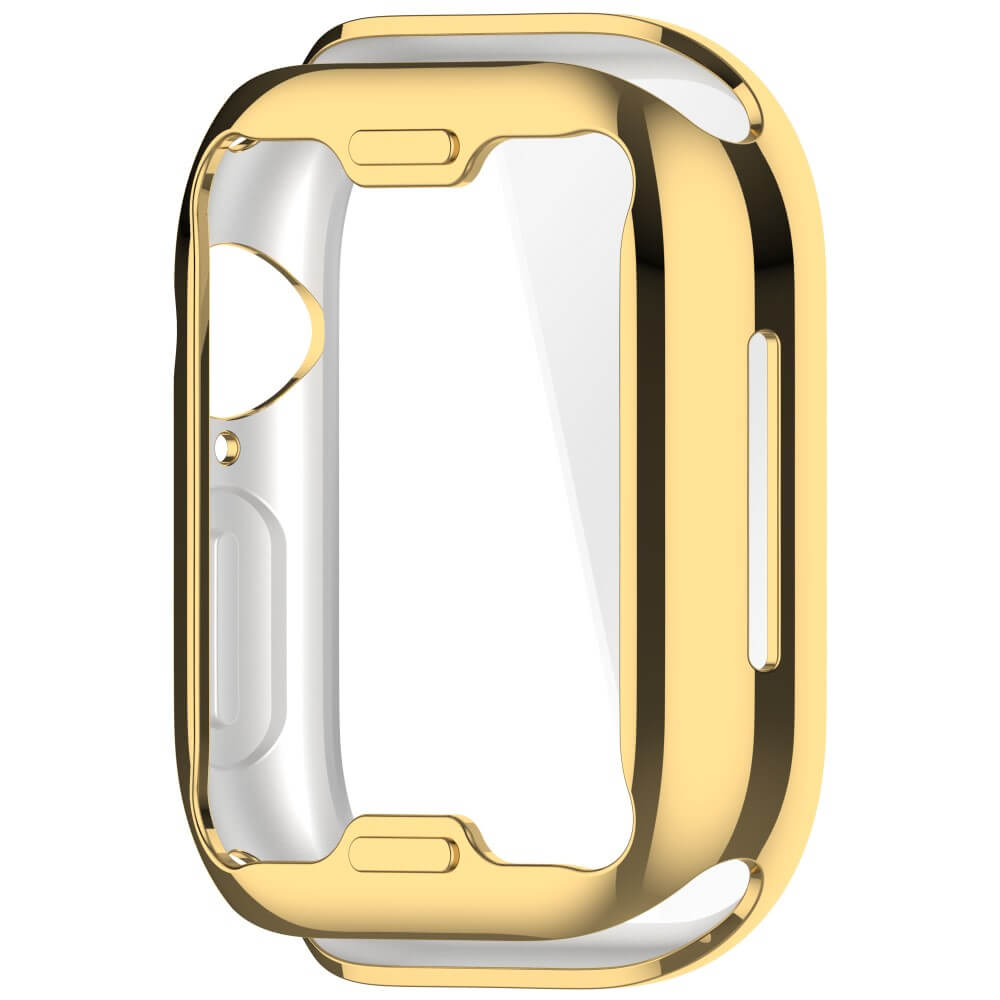 Coque protectrice dorée pour smartwatch avec insert transparent.