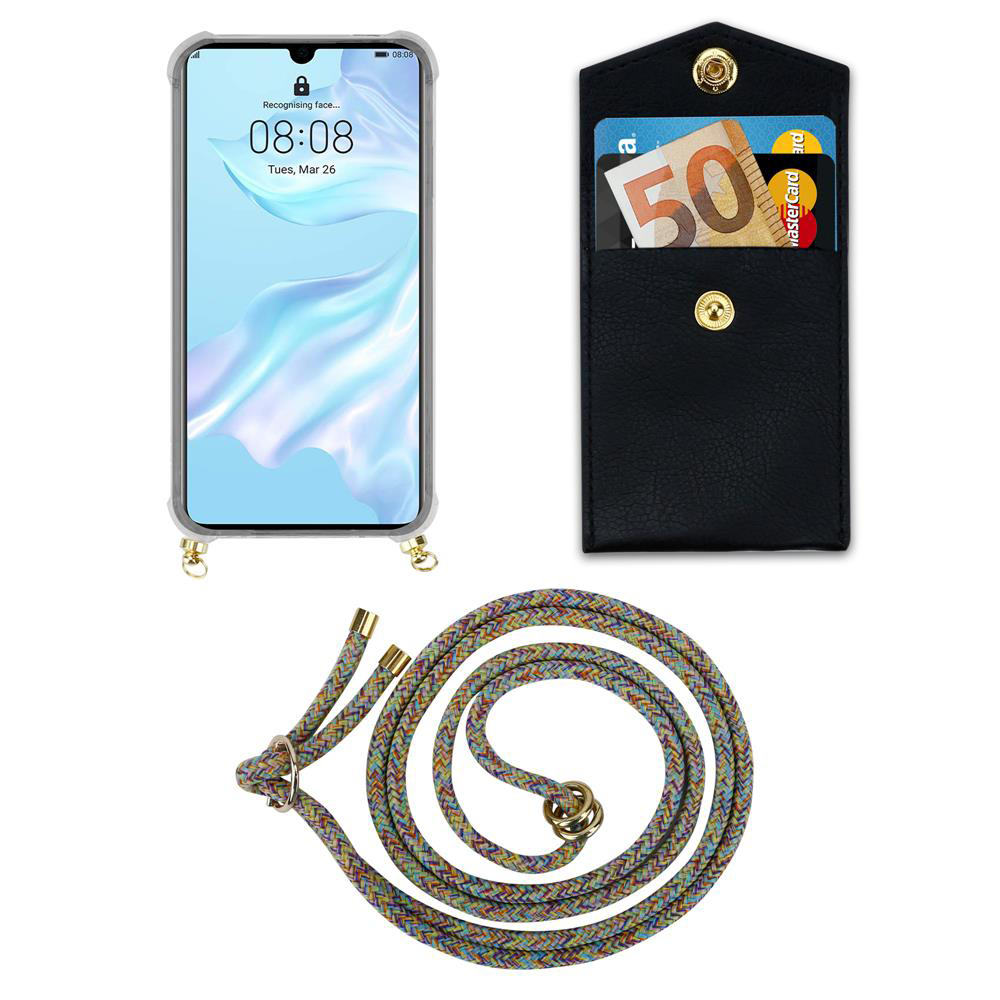Uno smartphone in custodia trasparente, un portafoglio nero con contanti e carte, e un laccetto colorato.