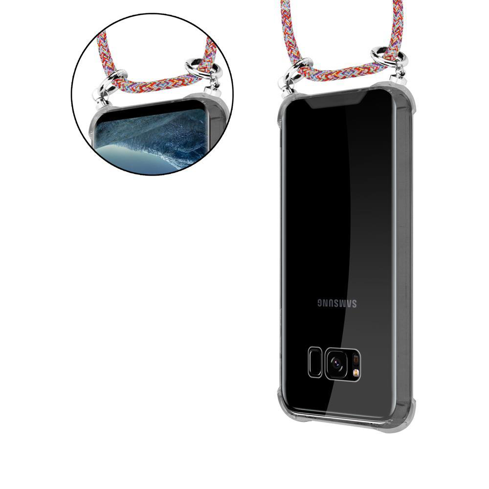 Ein Samsung-Telefon mit einer transparenten Hülle und einem Lanyard, das über dem Display hängt.