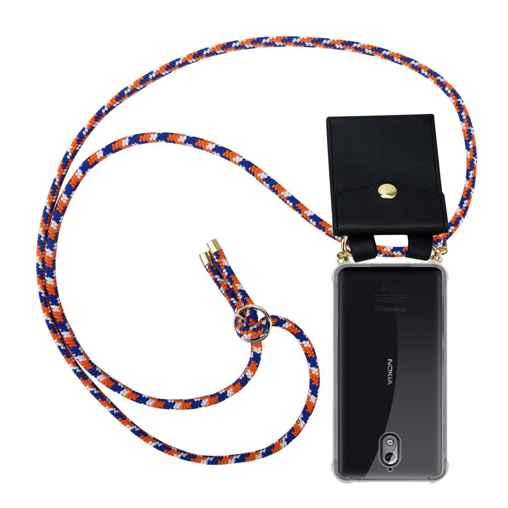 Handyhülle mit orange-blau-weißer Kordel und schwarzer Tasche.