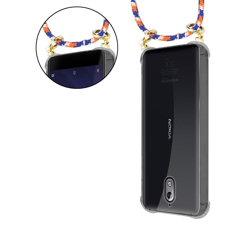 Transparente Hülle an einem Nokia-Telefon mit einem blau-orangefarbenen Band.