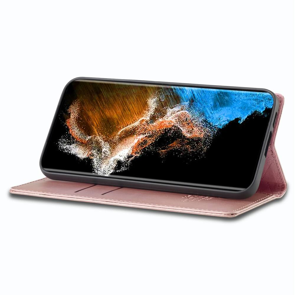 Una custodia per telefono rosa con uno sfondo astratto moderno sullo schermo.