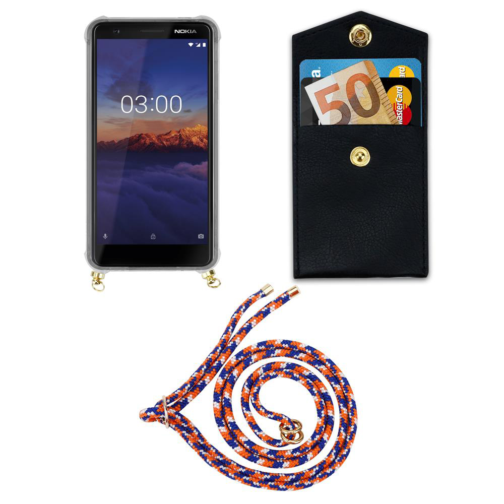 Ein Nokia-Handy mit einer schwarzen Brieftasche, Geld und Karten, und eine Kordel.