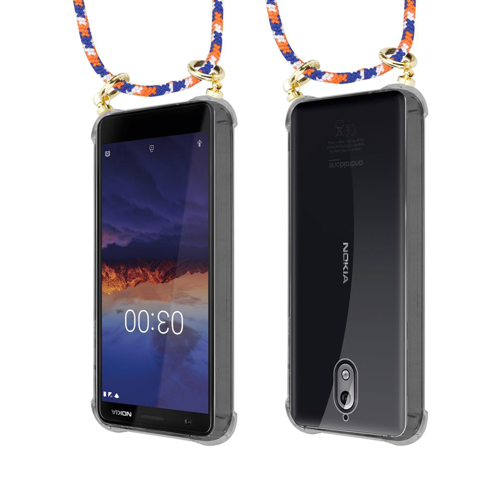 Zwei Nokia-Handys in klaren Hüllen mit orangefarbenen, weißen, blauen Trägern.