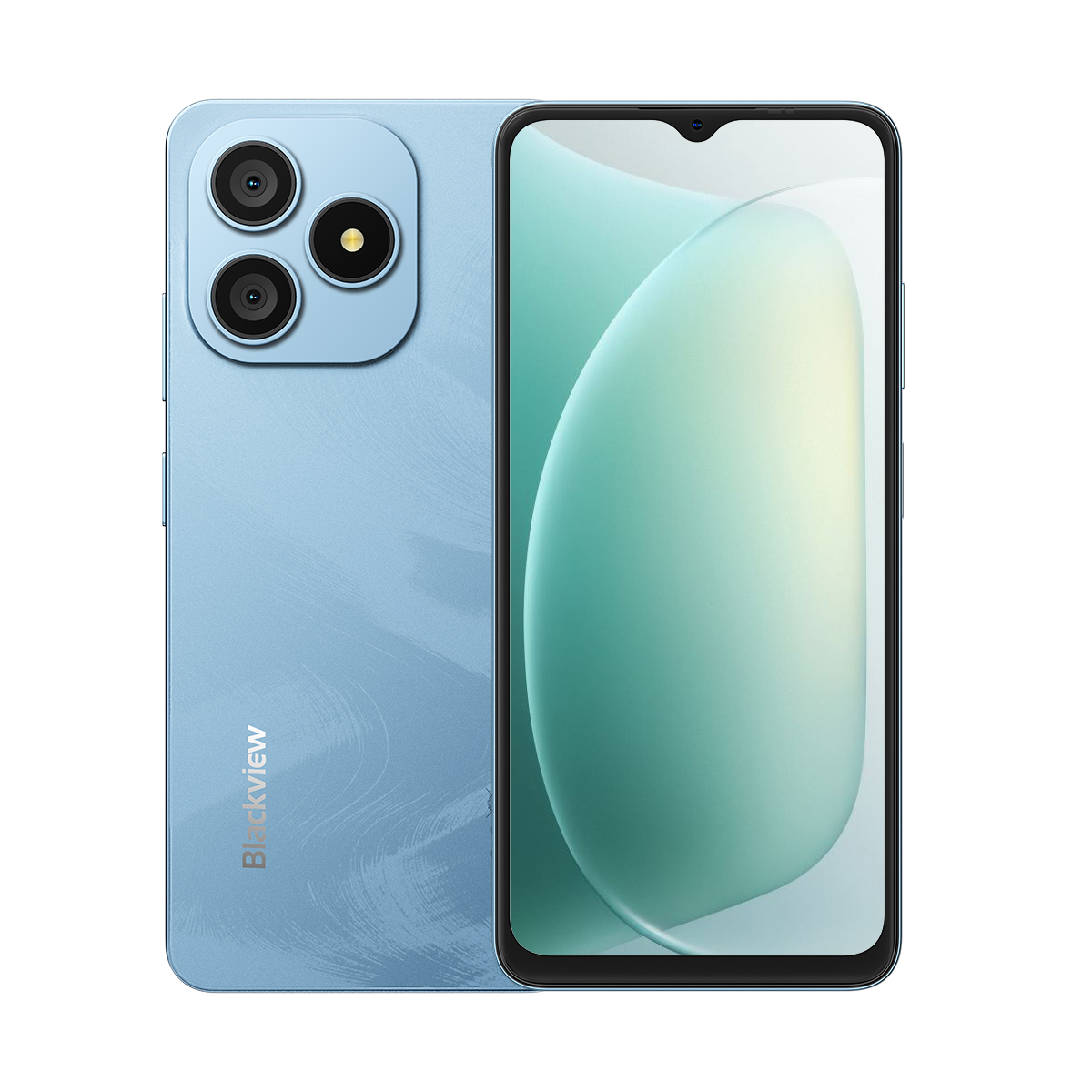 Uno smartphone azzurro con tre fotocamere posteriori e display a goccia.