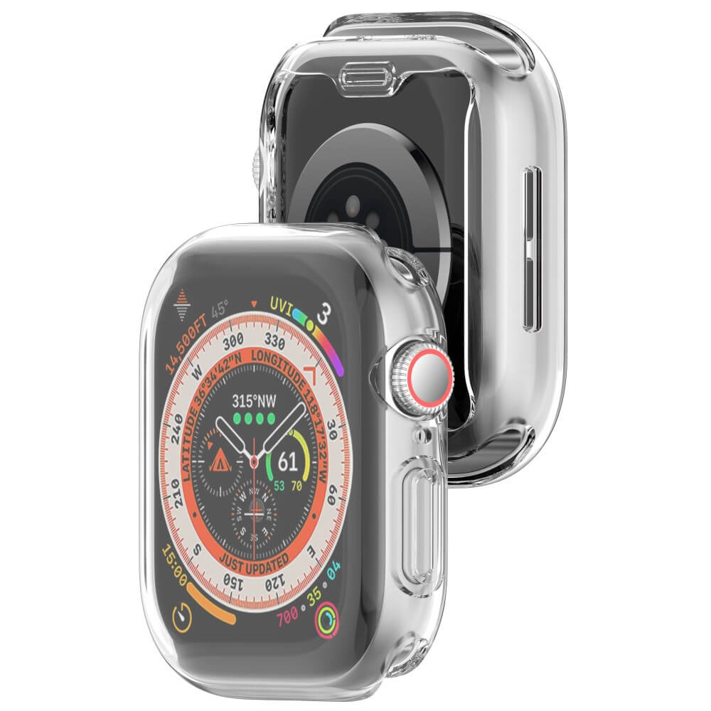 Deux coques de protection transparentes pour une montre connectée avec cadran.