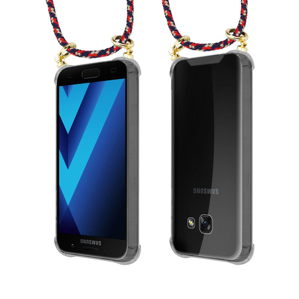 Uno smartphone con schermo blu in custodia trasparente, sospeso da un cordino.