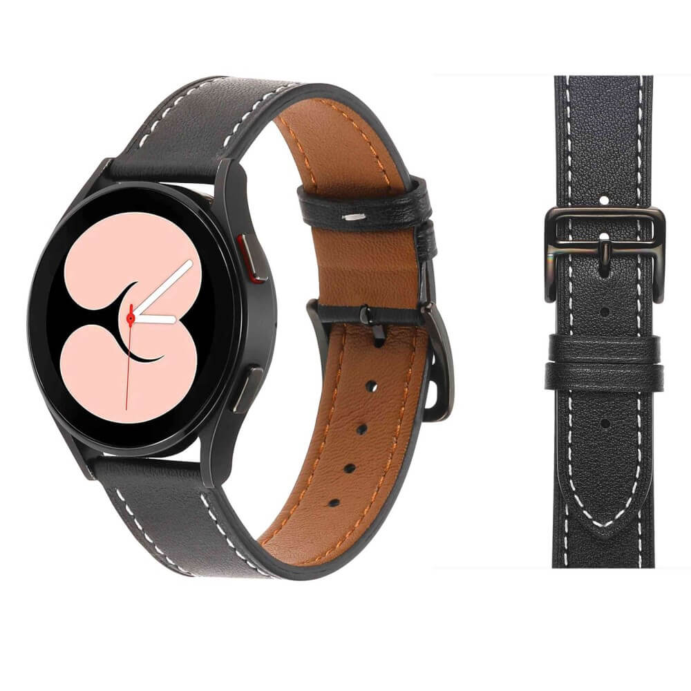 Une montre connectée en cuir noir avec doublure marron et surpiqûre blanche.