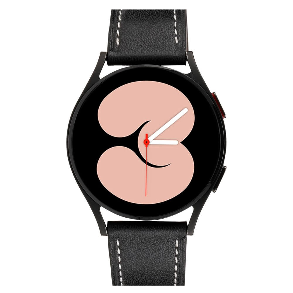 Une montre connectée noire avec cadran rond et design rose, aiguilles blanches.