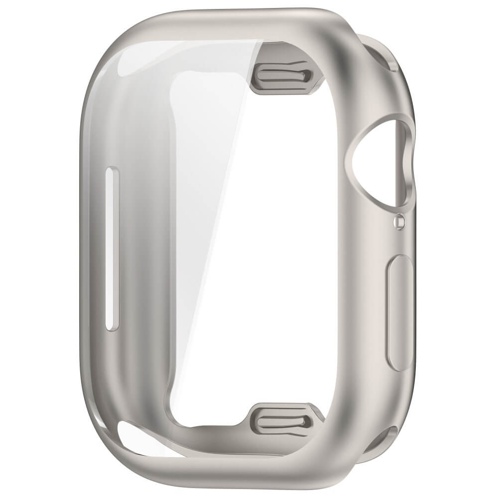 Un étui transparent avec un bord argenté pour une montre connectée.