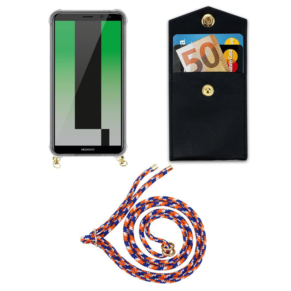 Smartphone con custodia, tasca nera con soldi e carte, e cinturino.