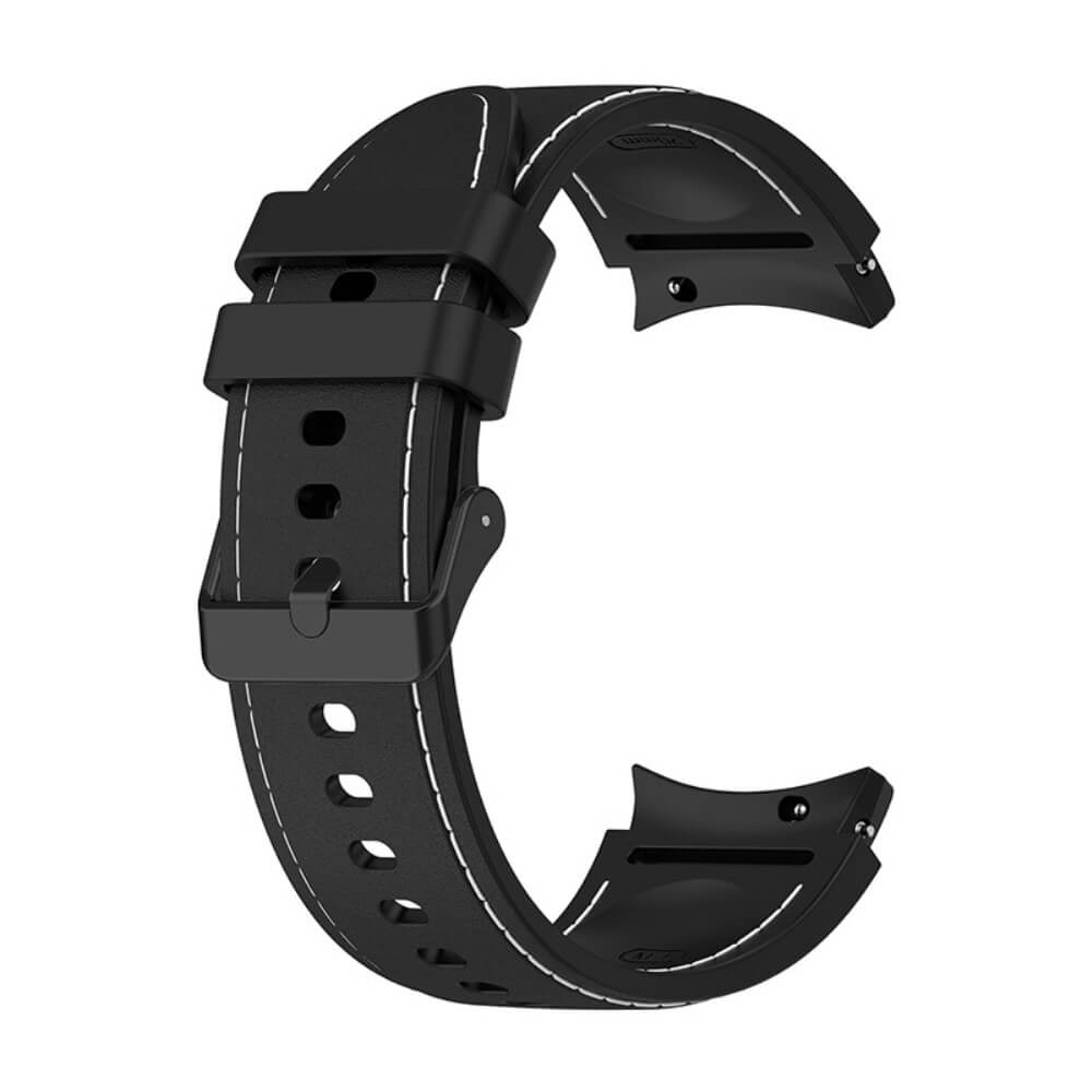Bracelet de montre noir avec surpiqûres blanches et boucle, sur fond blanc.