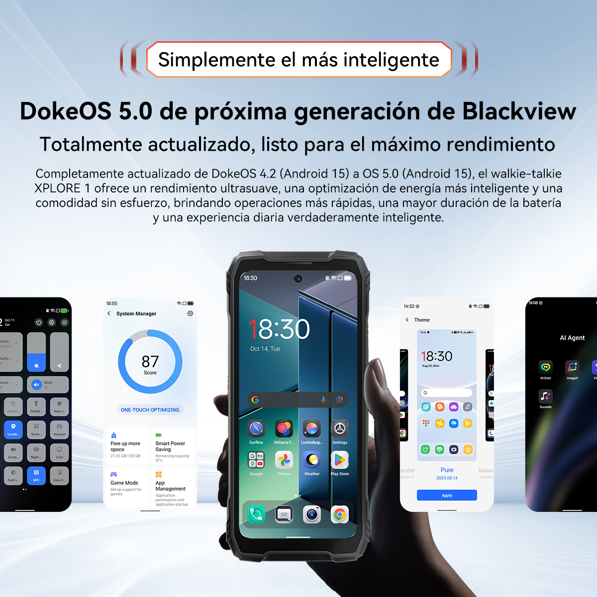 Múltiples teléfonos Blackview muestran la interfaz DokeOS 5.0 y texto.