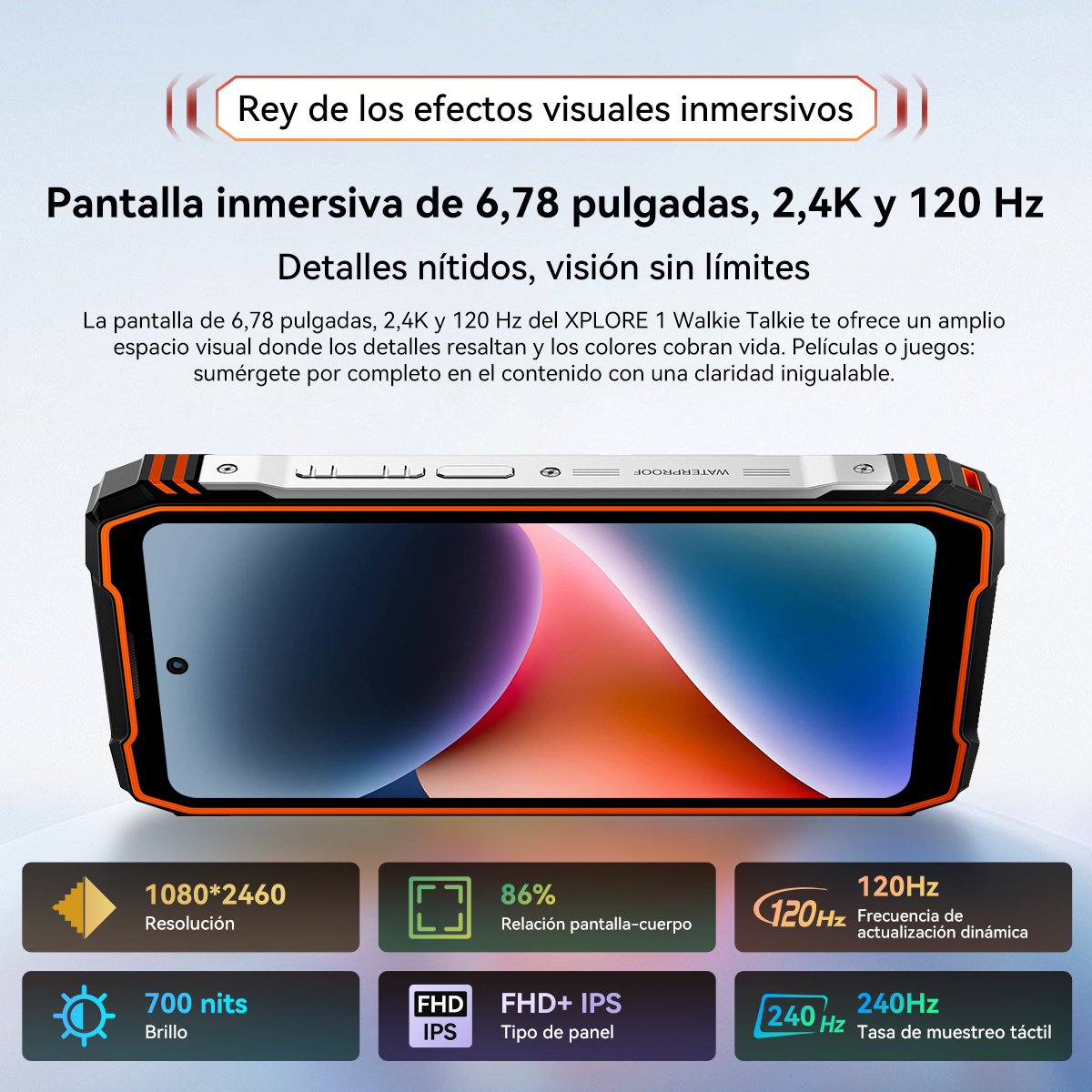 Un smartphone con pantalla grande y vibrante, mostrando detalles y especificaciones.