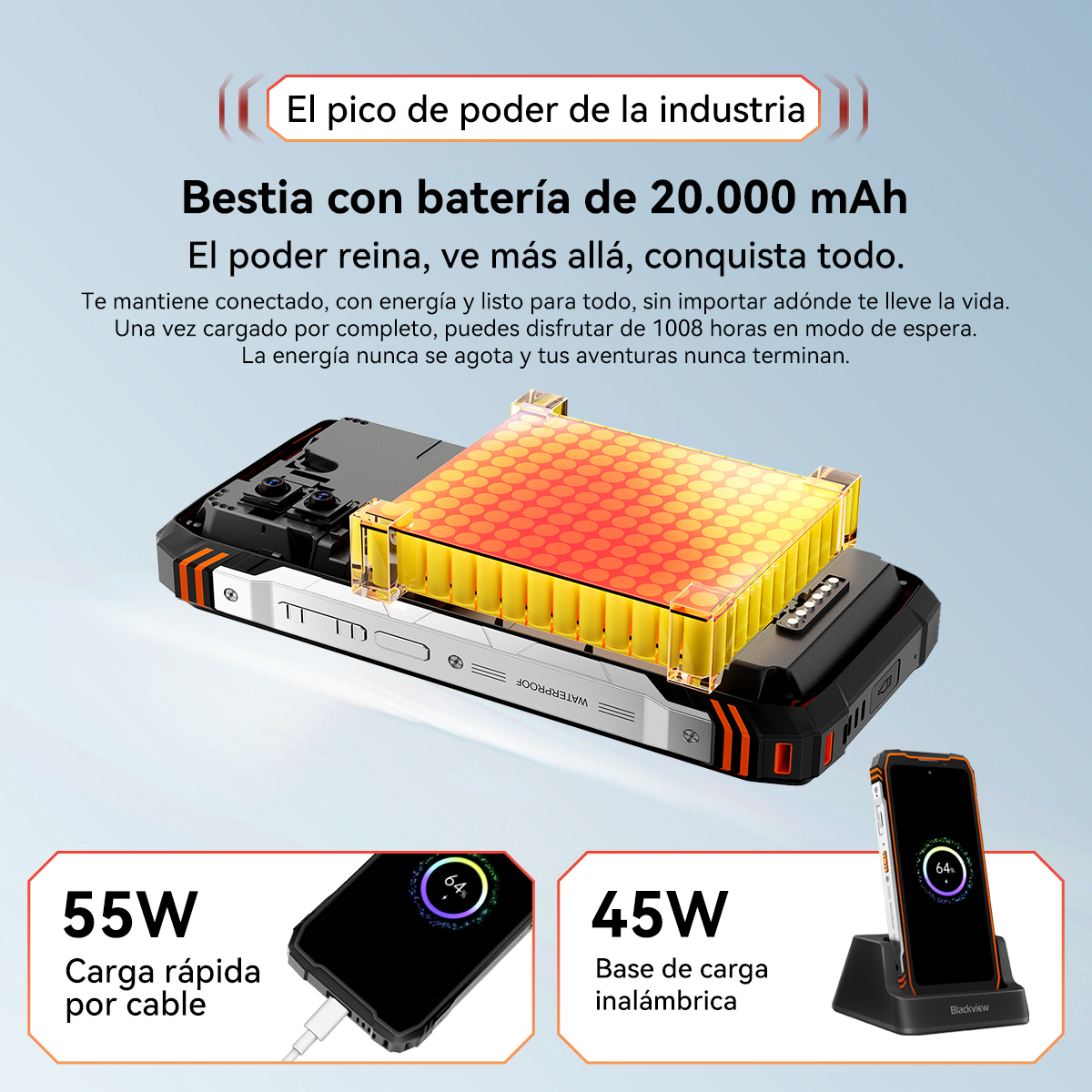 Smartphone robusto con batería de 20.000 mAh, carga rápida 55W por cable y 45W.