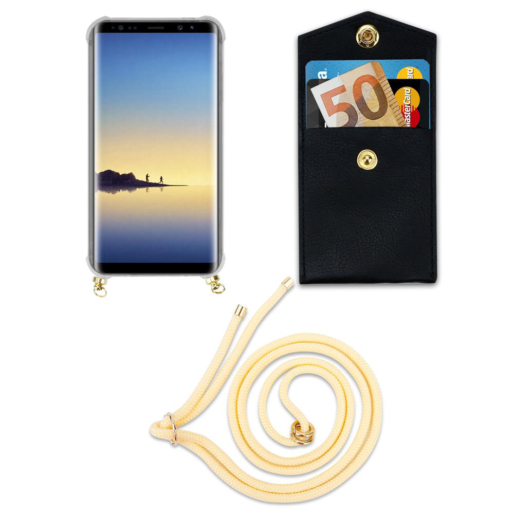 Smartphone con custodia, porta carte con soldi e carte, cordino.