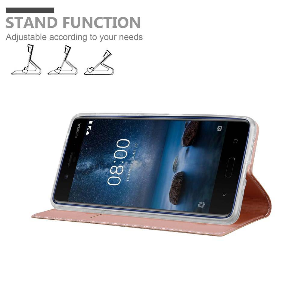 Una custodia rosa per telefono con funzione stand, che mostra un Nokia alle 08:00.