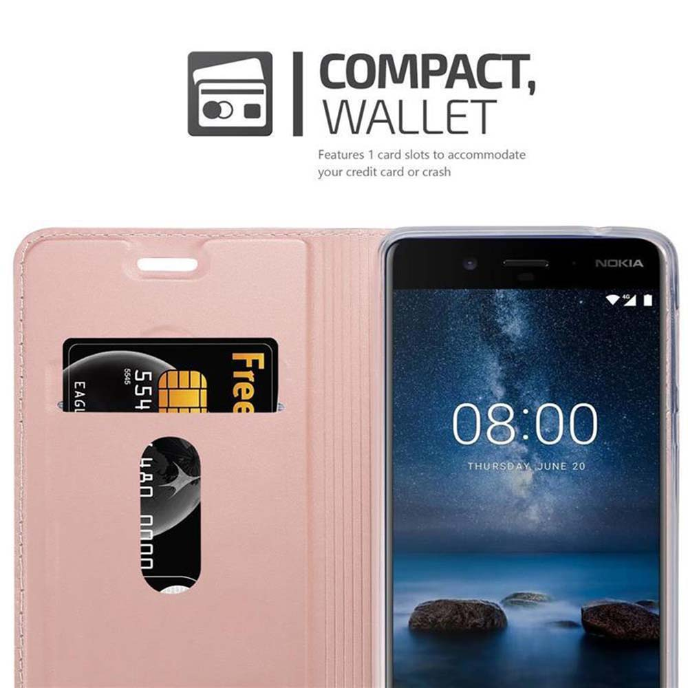 Una custodia a portafoglio rosa con un telefono che mostra le 8:00.