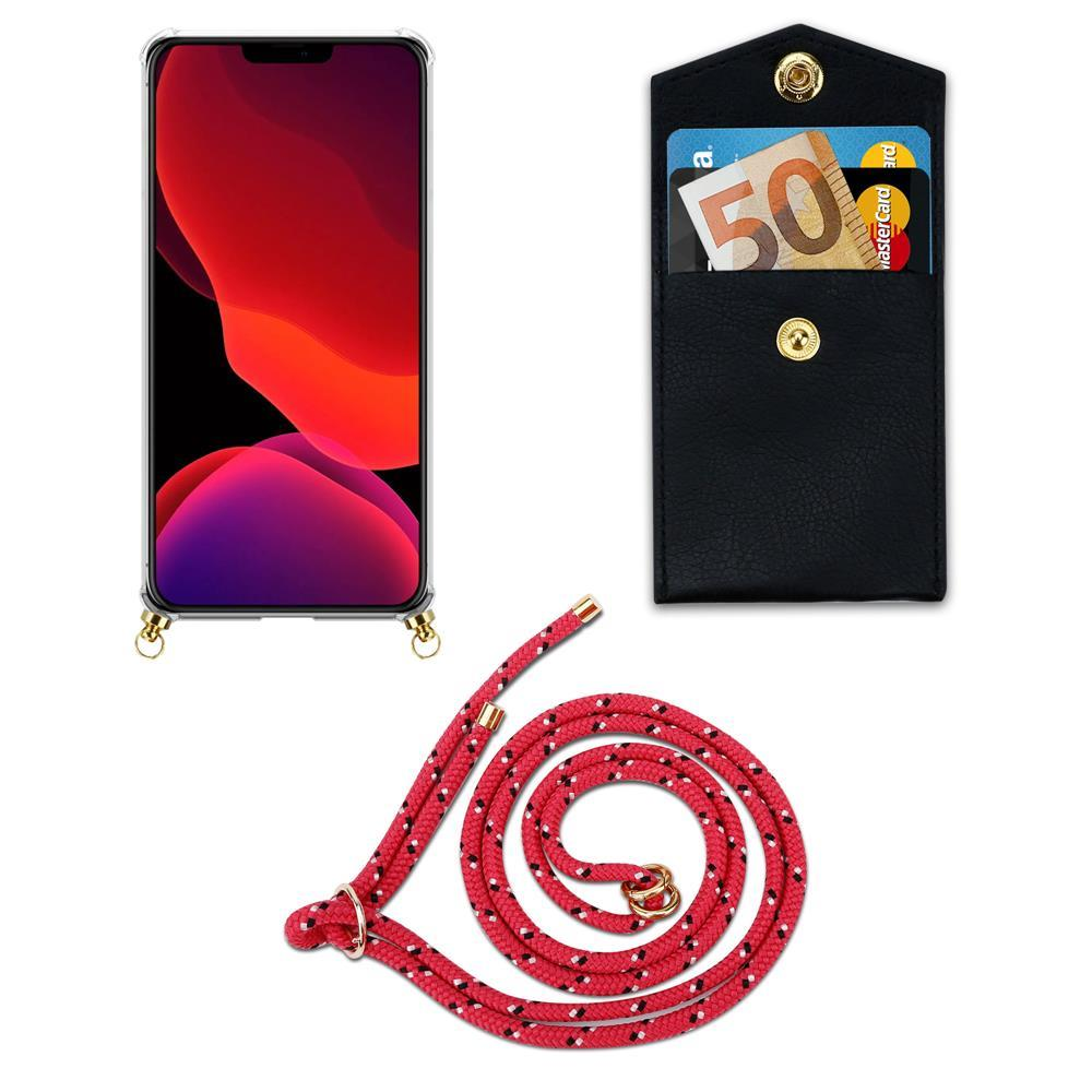 Uno smartphone in custodia, una tasca nera con carte e soldi, e un cordone rosso.
