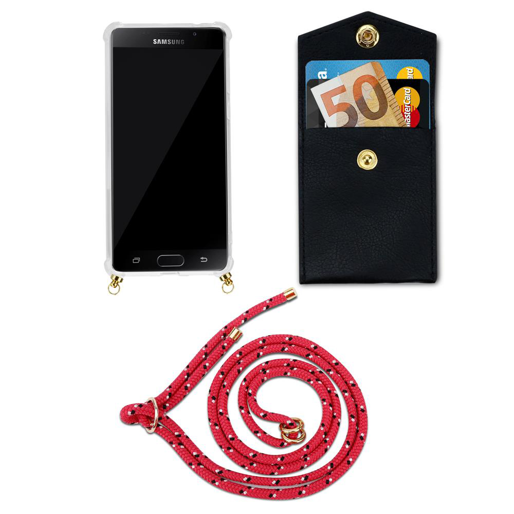 Un smartphone Samsung en una funda junto a una cartera negra con tarjetas y dinero.