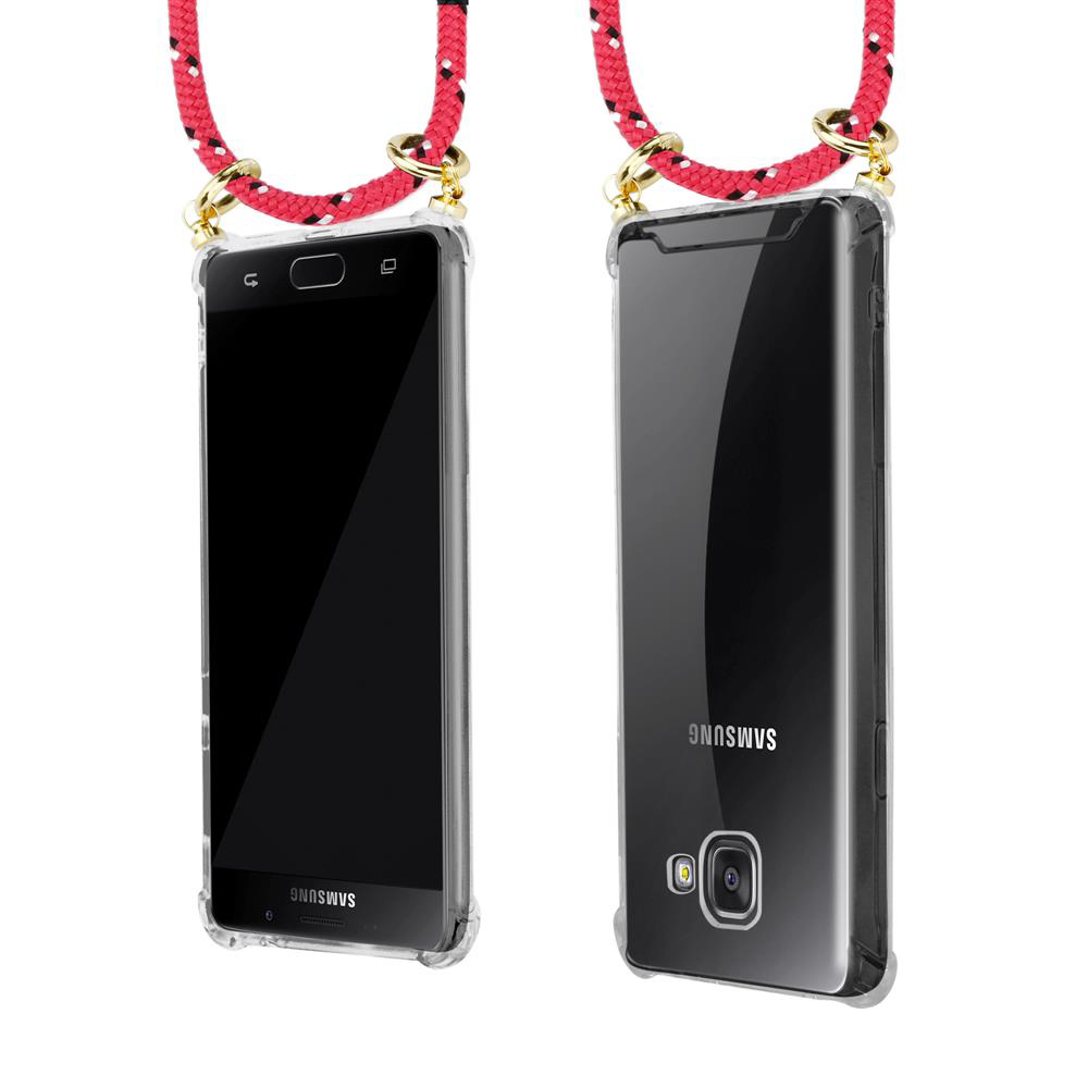 Dos smartphones Samsung en fundas transparentes con cordones rojos.