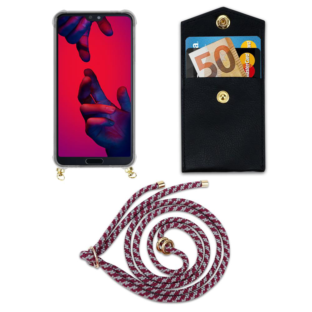 Smartphone con custodia, portafoglio con carte e contanti, e cordino.